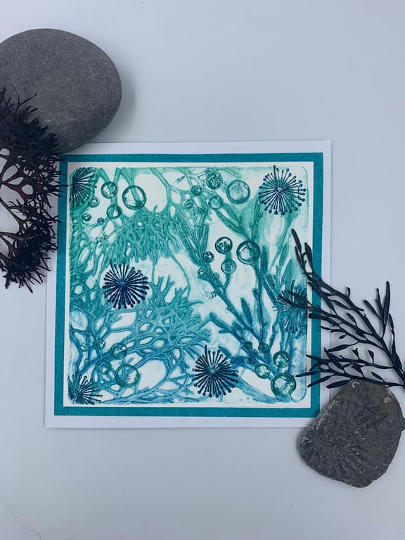 Original gelli print seaweed greetings card.
