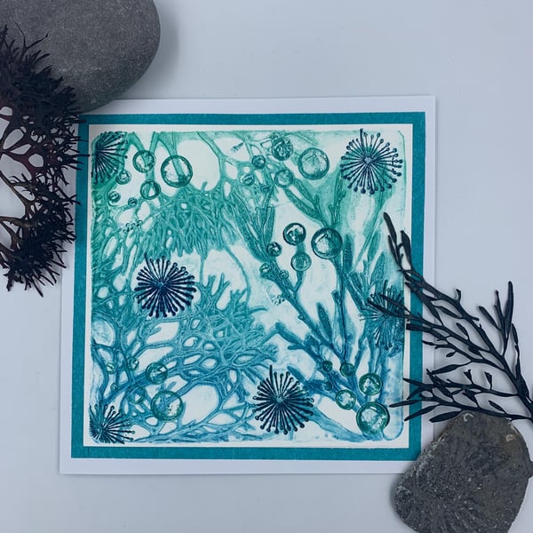 Original gelli print seaweed greetings card.