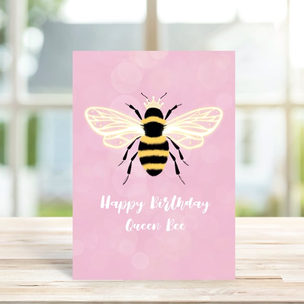 Happy Birthday Queen Bee Card, Bumble Bee Birthday Card, Cute Bee Card.