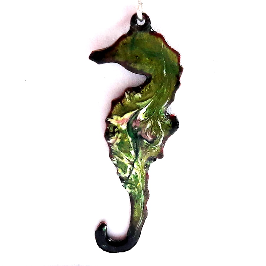 seahorse pendant - scrolled white and pink on green enamel over clear