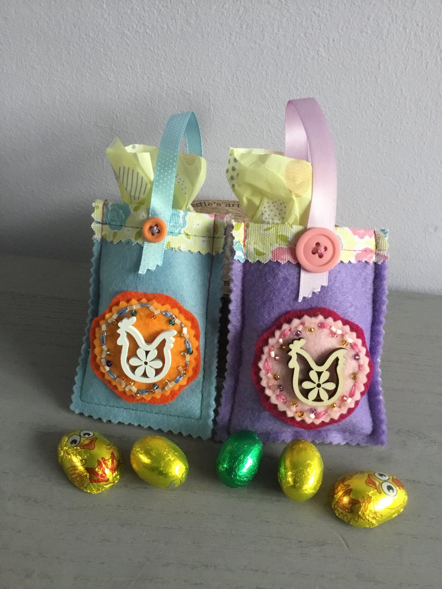 Two Hand Embroidered Easter Chicken Treat Bags