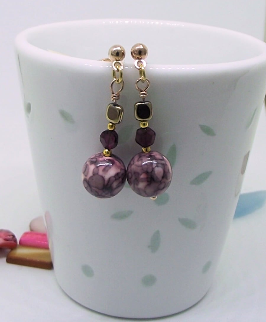 Pink and purple jasper garnet earrings