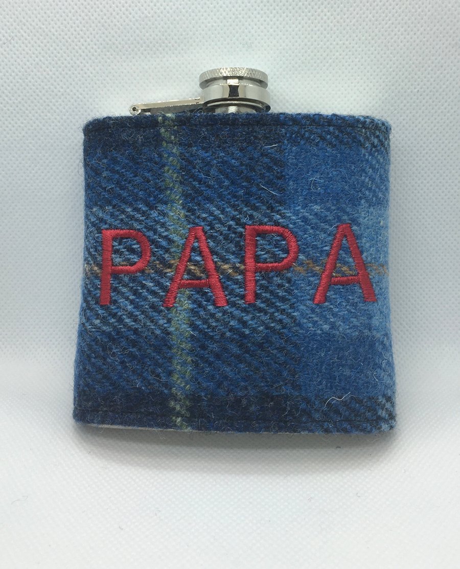  Harris tweed Blue Check 6oz hip flask with embroidered PAPA
