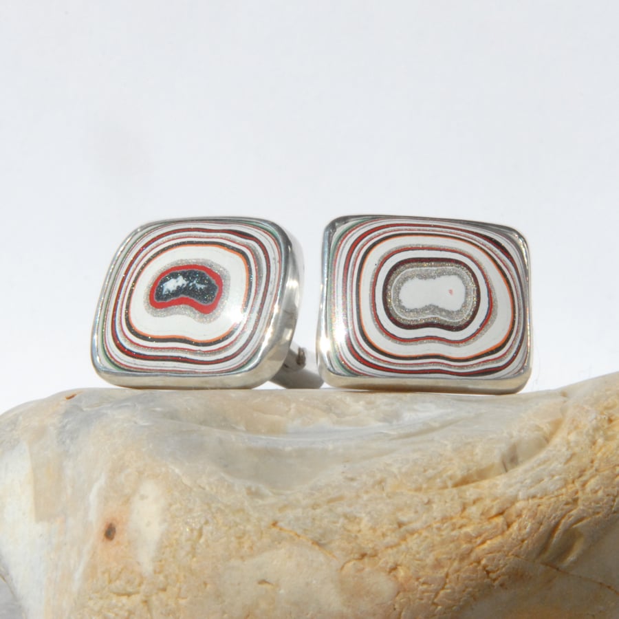 Sterling silver and sparkly oblong fordite cufflinks