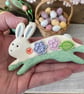 Ceramic Leaping Bunny decoration with flowers turquoise - Image 2
