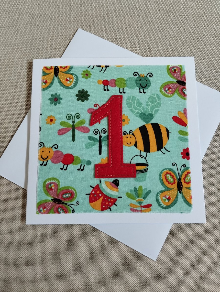 1st birthday card bee fabric 