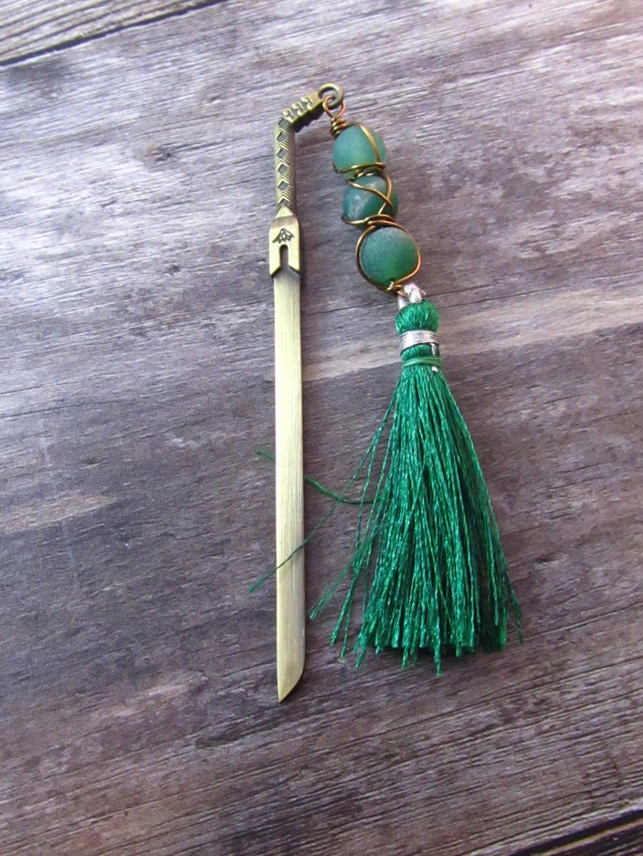 Green Sword Bookmark, Frosted Agate Tassel Bookmark