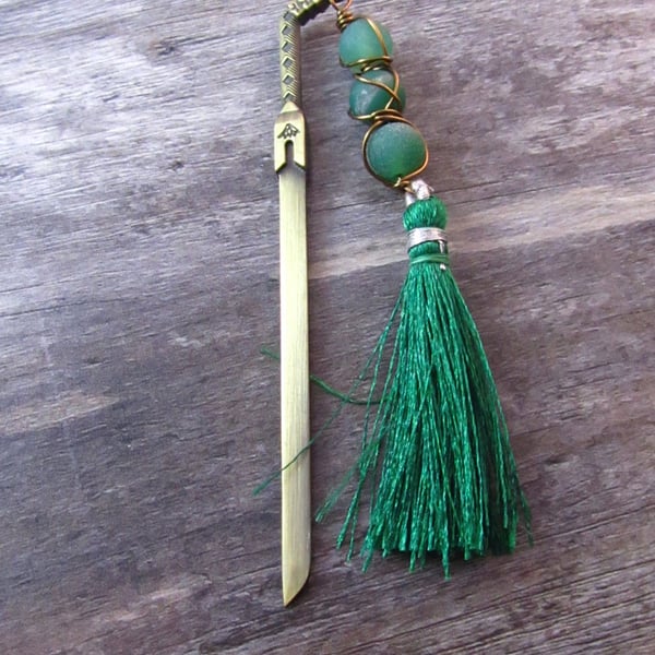 Green Sword Bookmark, Frosted Agate Tassel Bookmark