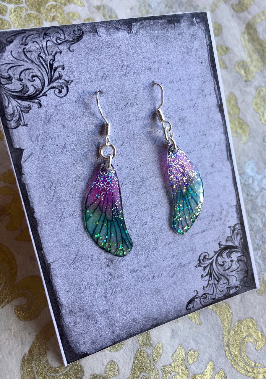 Glittery Purple and Green Sterling Silver Fairy Wing Earrings