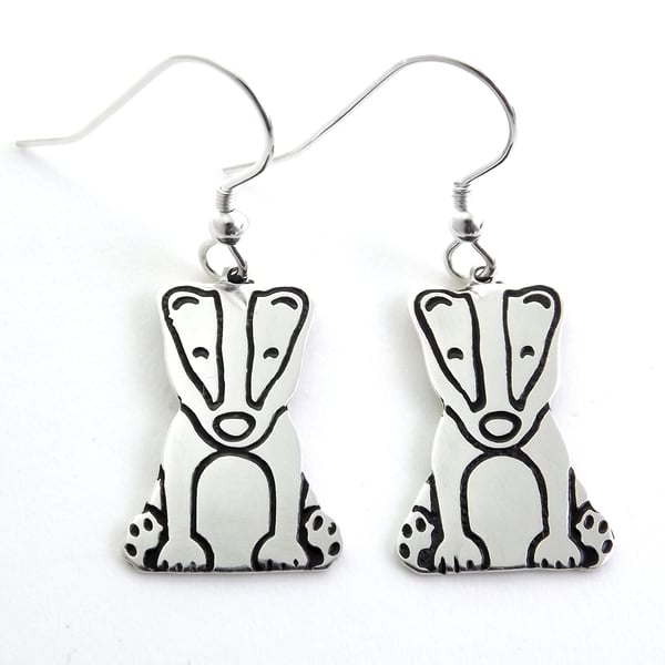 Badger Drop Earrings, Silver Wildlife Jewellery, Handmade Nature Gift for Her