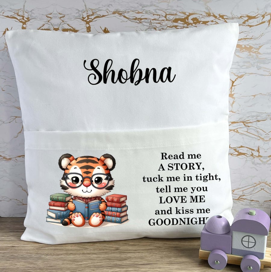 Personalised Tiger Book Pocket Cushion, Read Me A Story Reading Cushion