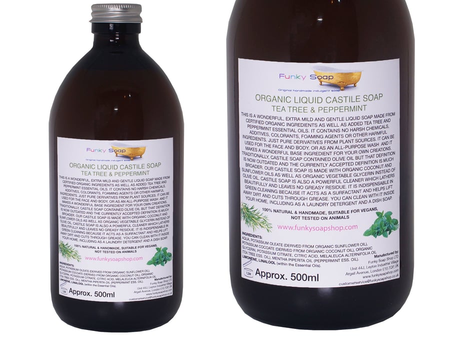 Organic Liquid Castile Soap With Tea Tree And Peppermint, 1 Glass Bottle Of 500m