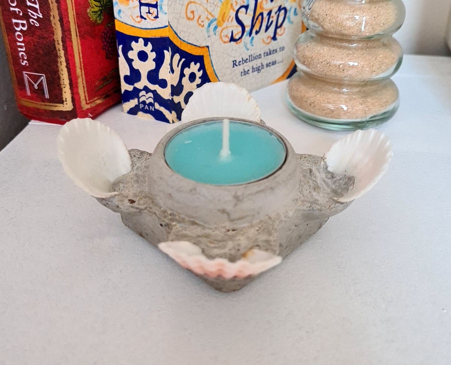 Square Concrete Tea Light Candle Holder with Shells