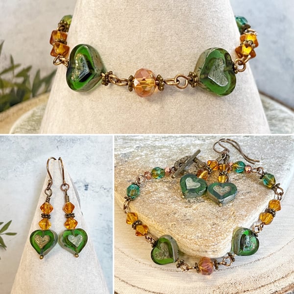 Emerald green and amber beaded heart bracelet and earrings set