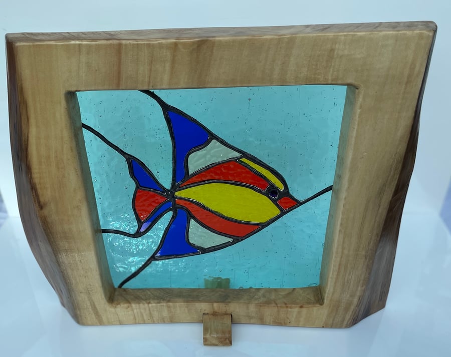 Stained glass ‘Tropical fish’ in ethically sourced solid oak frame