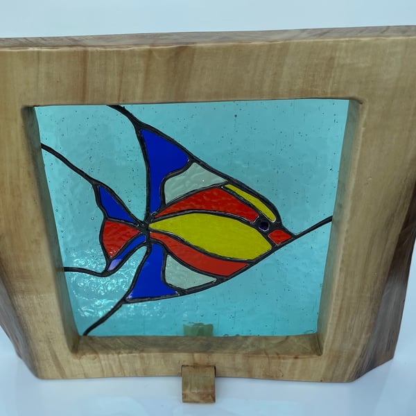 Stained glass ‘Tropical fish’ in ethically sourced solid oak frame