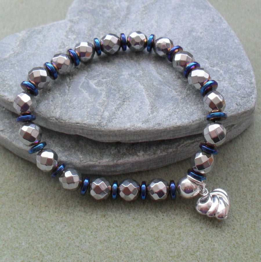 Silver and Blue Coated Haematite Stretch Bracelet Sparkle Bracelet