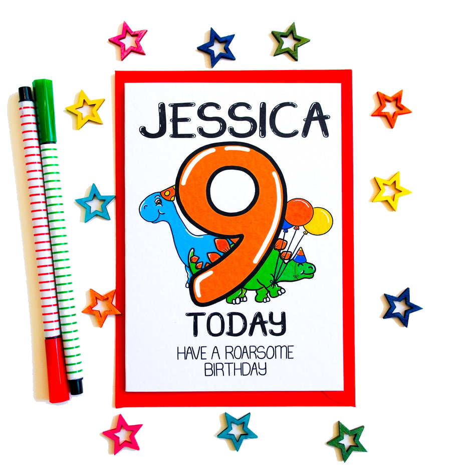 Personalised 9th Birthday card - 9 Today Have a Roarsome Birthday cute Dinosaurs