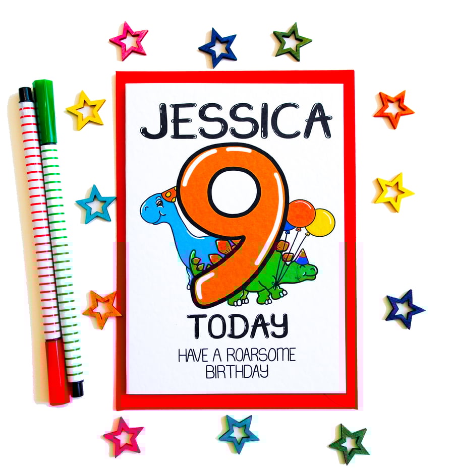 Personalised 9th Birthday card - 9 Today Have a Roarsome Birthday cute Dinosaurs