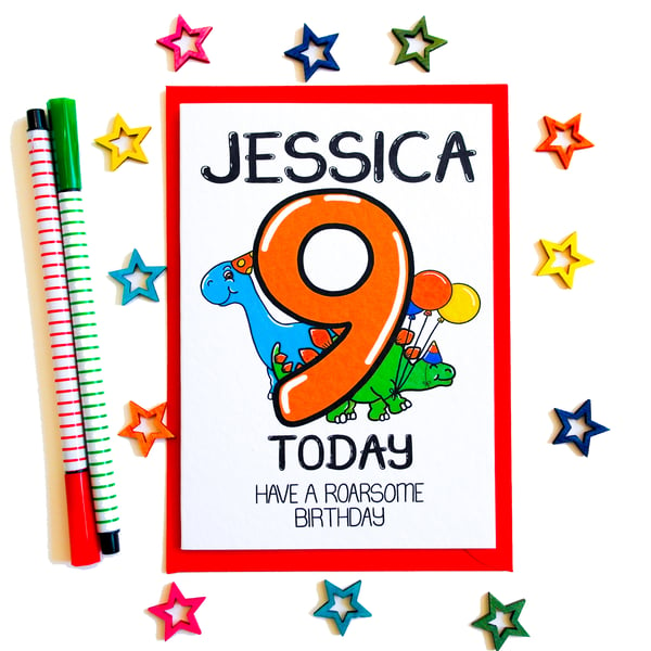 Personalised 9th Birthday card - 9 Today Have a Roarsome Birthday cute Dinosaurs