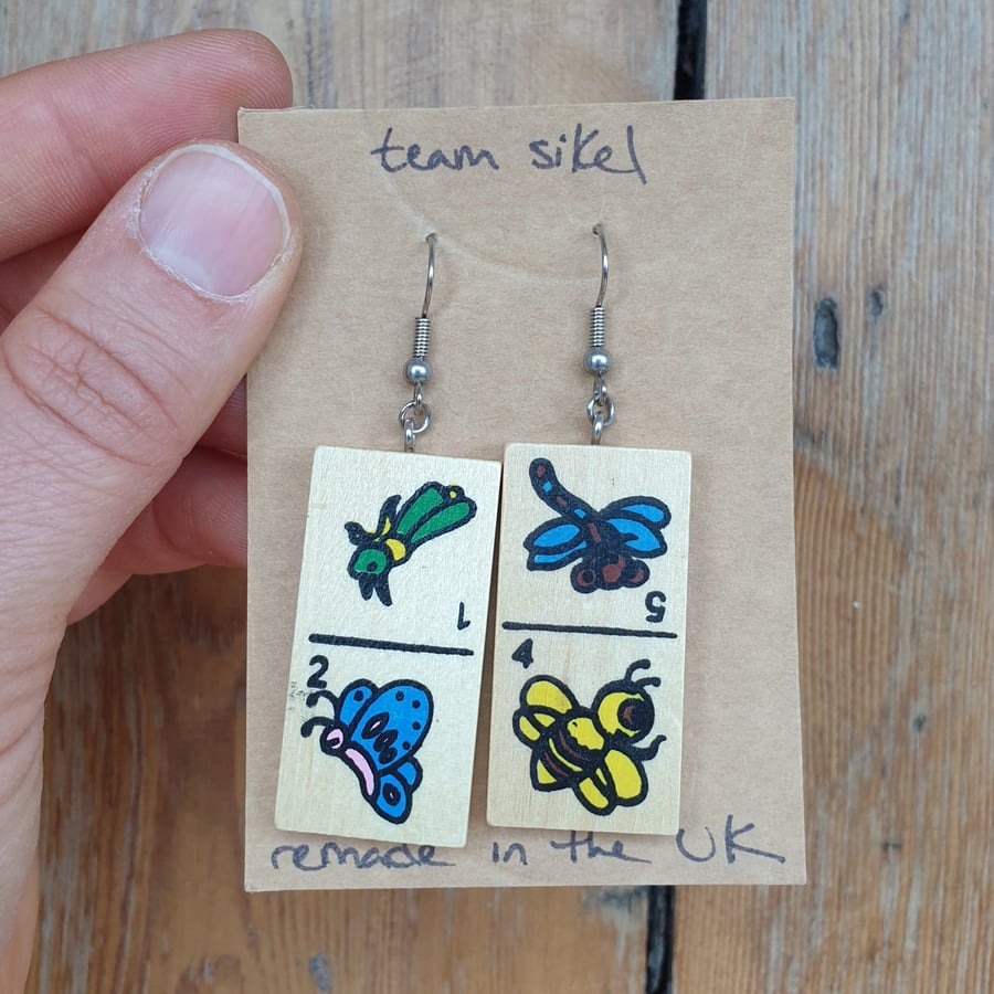 Cricket Butterfly & Dragonfly Bee Insect Domino Earrings - Upcycled Toys