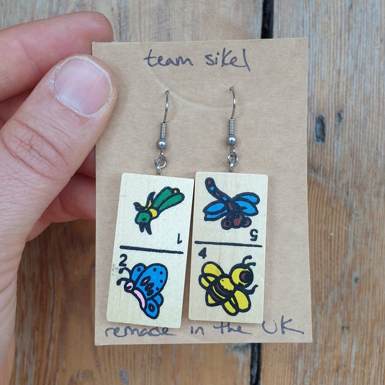 Cricket Butterfly & Dragonfly Bee Insect Domino Earrings - Upcycled Toys