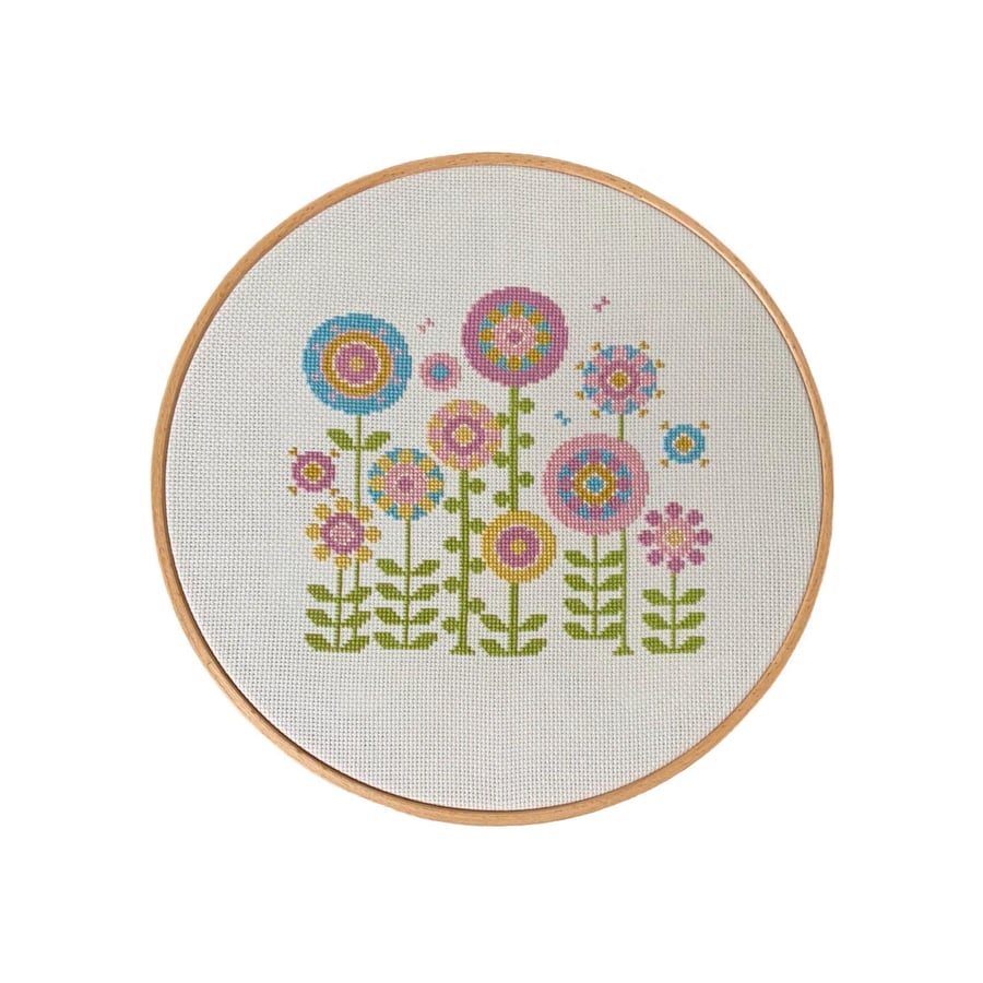 Retro Flower Cross Stitch Pattern: Modern Floral Embroidery (PDF Download)