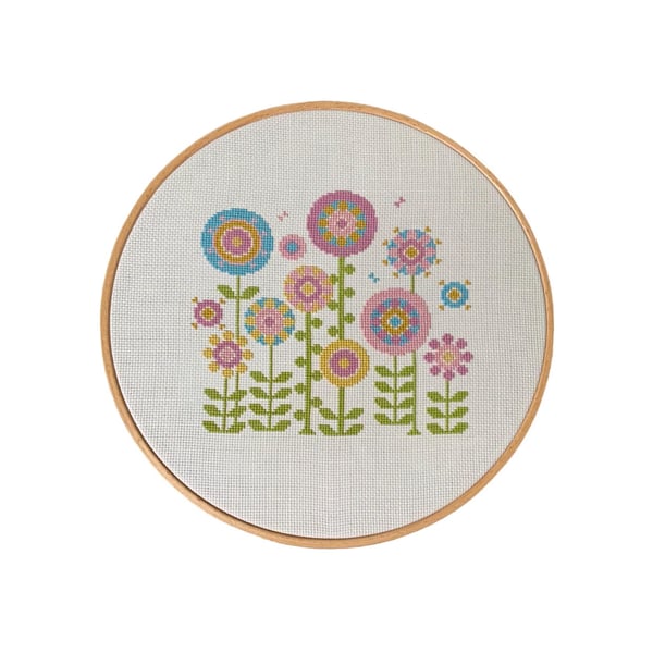 Retro Flower Cross Stitch Pattern: Modern Floral Embroidery (PDF Download)