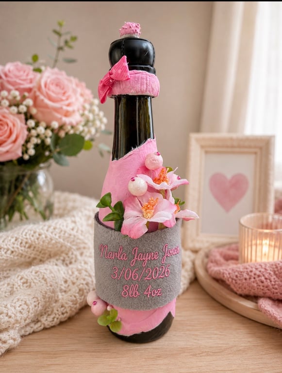 Personalised New Baby Keepsake Gift  Hand Sculpted Floral Art Bottle Custom Bir
