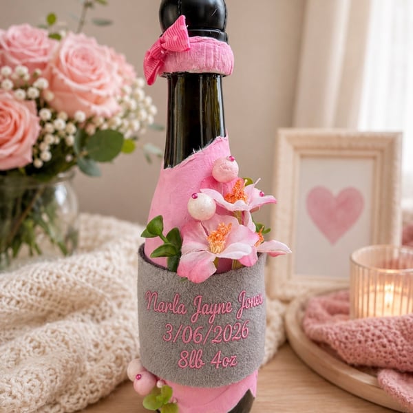 Personalised New Baby Keepsake Gift  Hand Sculpted Floral Art Bottle Custom Bir