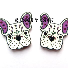 French Bulldog Earrings Sugar Skull Style in White by Dolly Cool Dog Frenchie Da