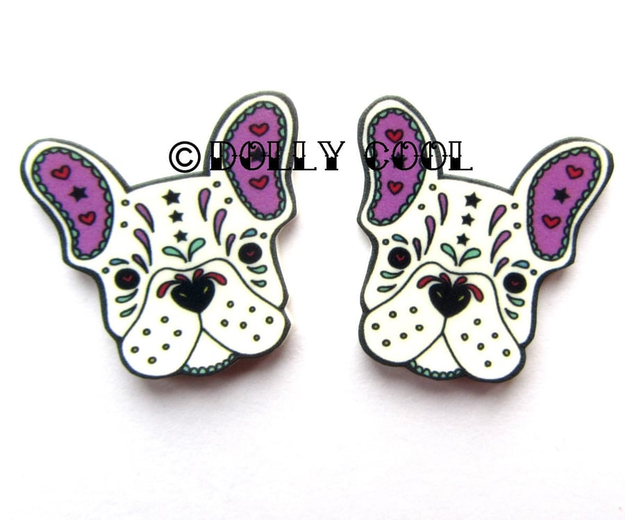 French Bulldog Earrings Sugar Skull Style in White by Dolly Cool Dog Frenchie Da