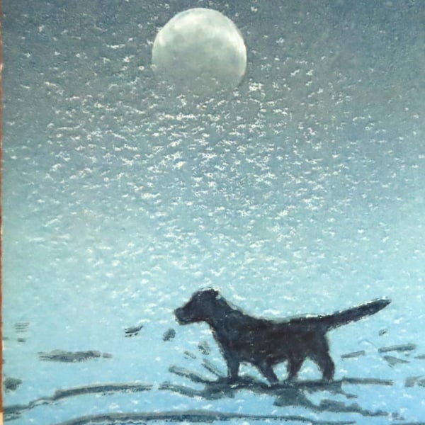 Moonlit walkies walking the dog seaside artist card plastic free unwrapped card