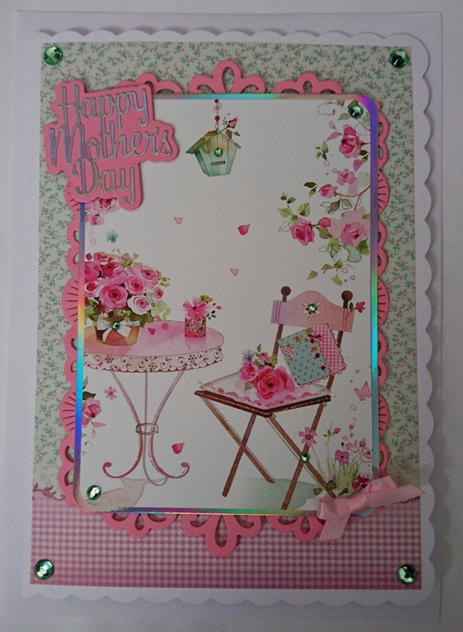 Mother's Day Card Happy Mother's Day Pretty Garden Scene with Flowers