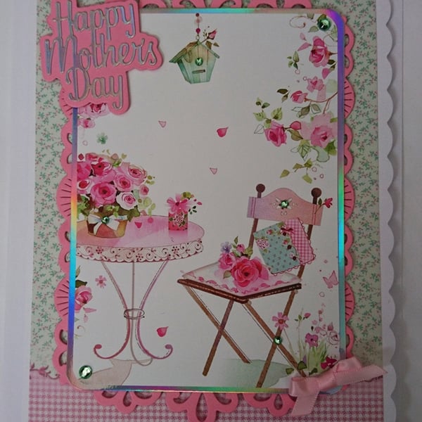 Mother's Day Card Happy Mother's Day Pretty Garden Scene with Flowers