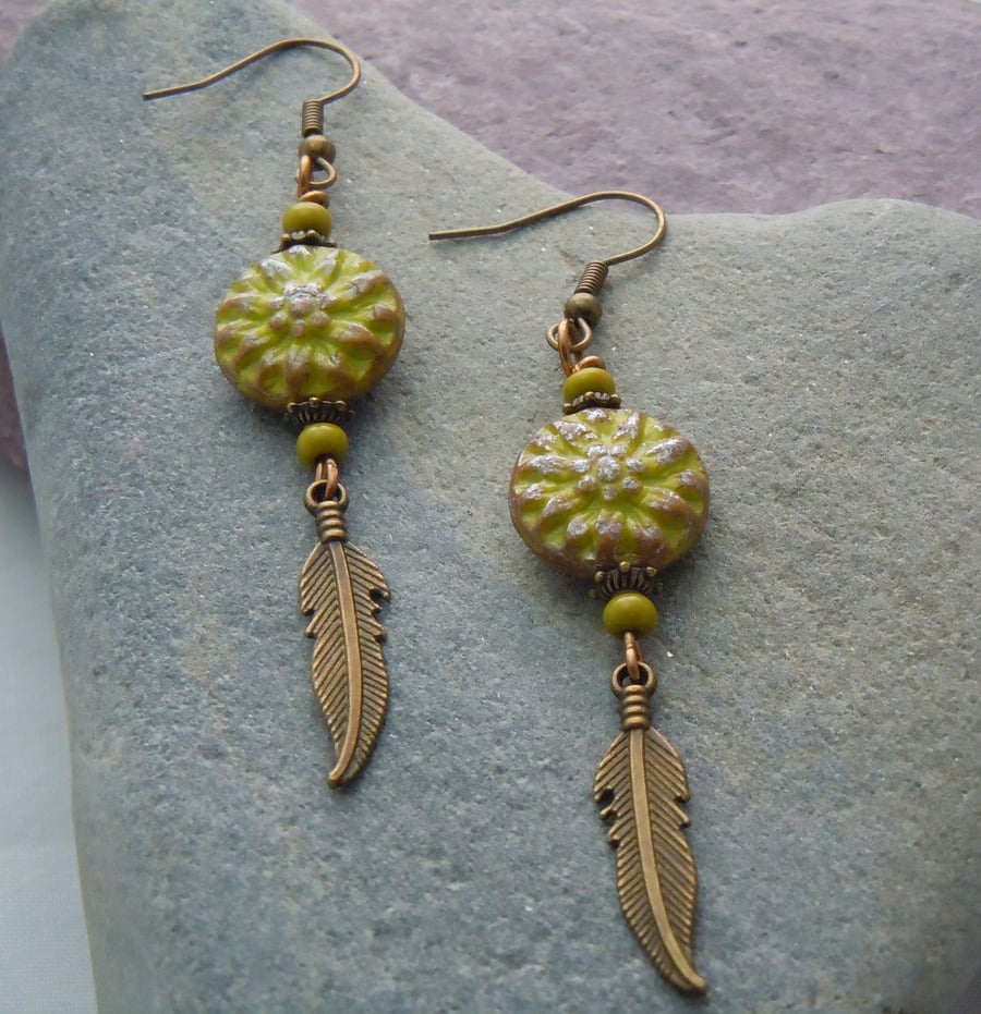 Czech glass flower bead & feather earrings