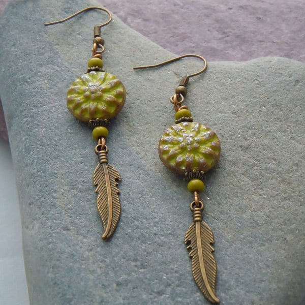 Czech glass flower bead & feather earrings