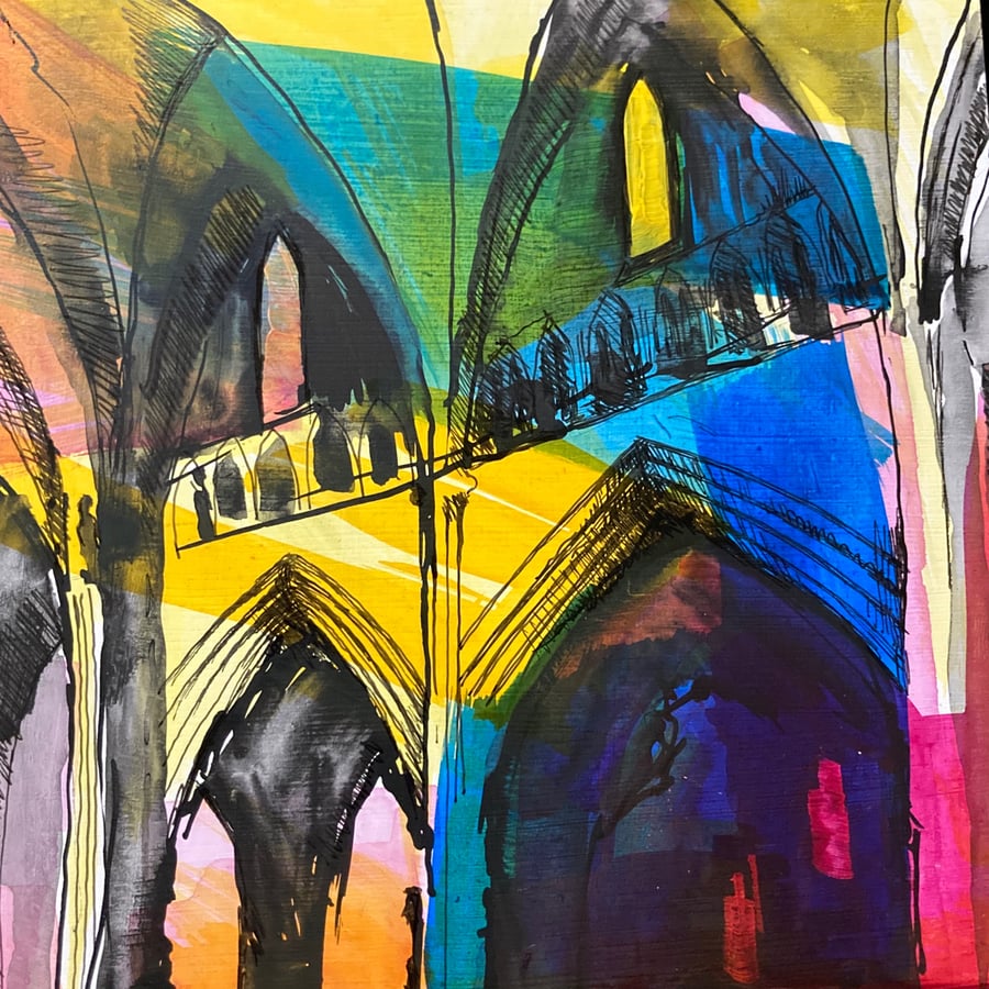 Cathedral 3. Small Original painting on wood panel