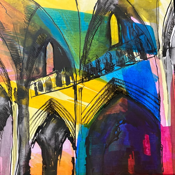 Cathedral 3. Small Original painting on wood panel