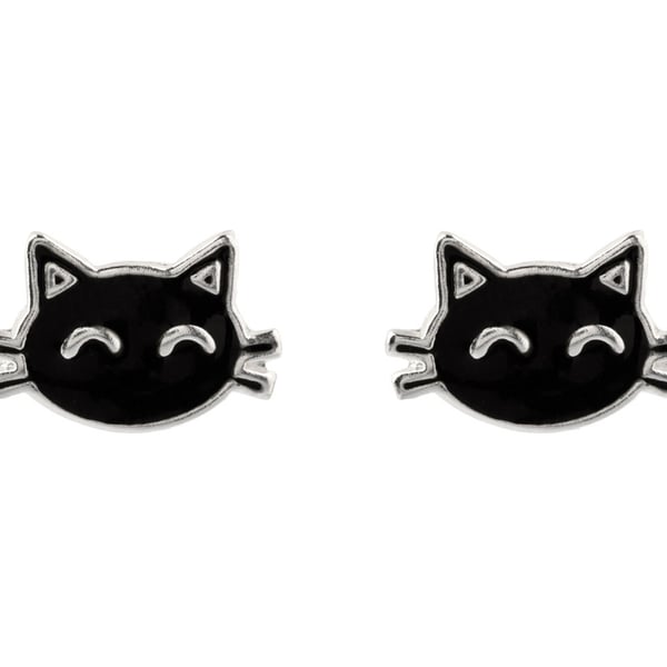 Black Cat Enamel Sterling Silver Stud Earrings 