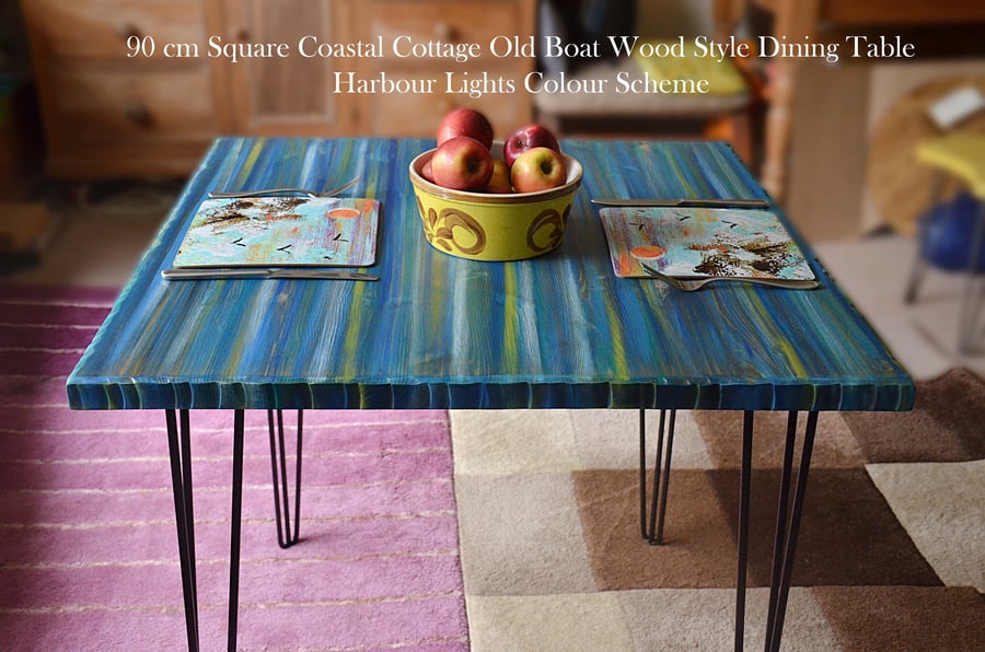 Square Wood Coastal Cottage Dining Table Hand Painted Harbour Lights Colours