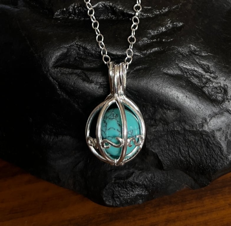 Sterling Silver Cage Pendant Containing Gemstone With Chain