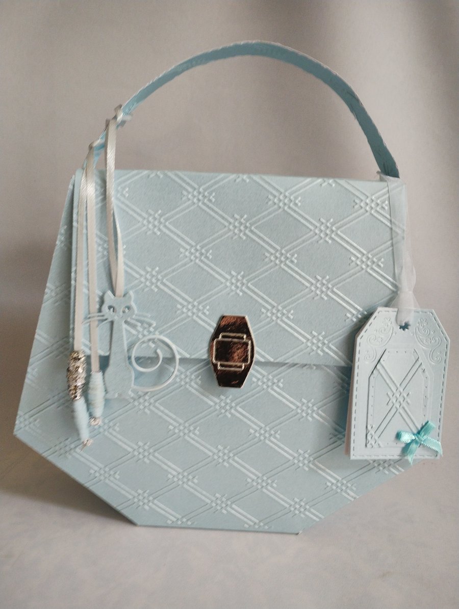 Geo Baby Blue with Catitude Handbag Style Gift Box Bag 