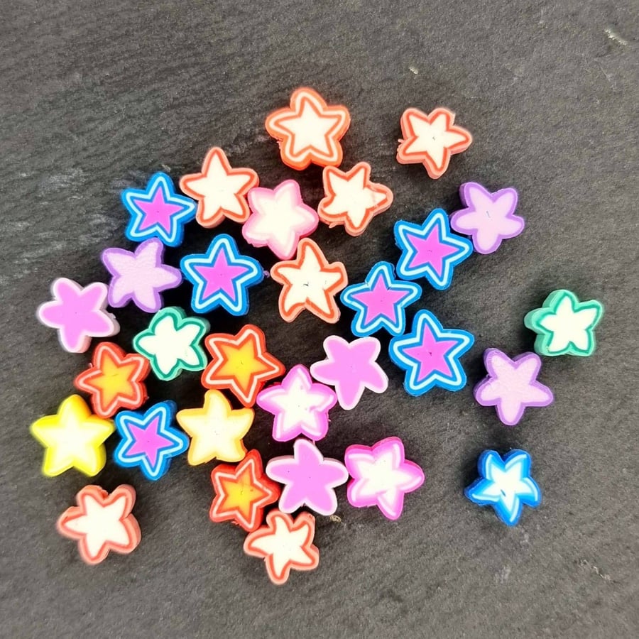 30 multi coloured star beads, mixed polymer clay mixed star 
