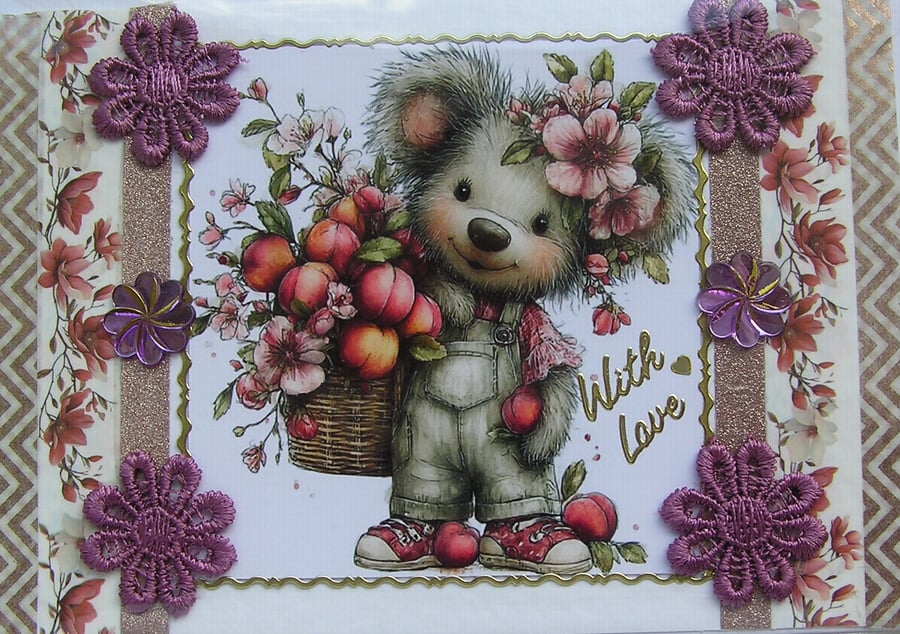 Teddy Bear with Basket of Apples - Hand Crafted Decoupage Card - With Love 3337
