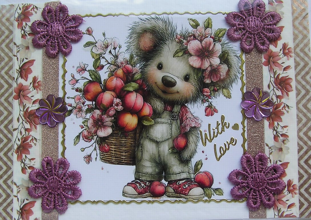 Teddy Bear with Basket of Apples - Hand Crafted Decoupage Card - With Love 3337