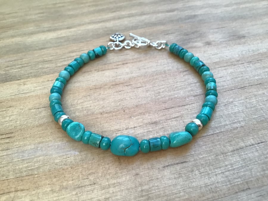 Turquoise nugget and bead Sterling silver charm dainty bracelet 