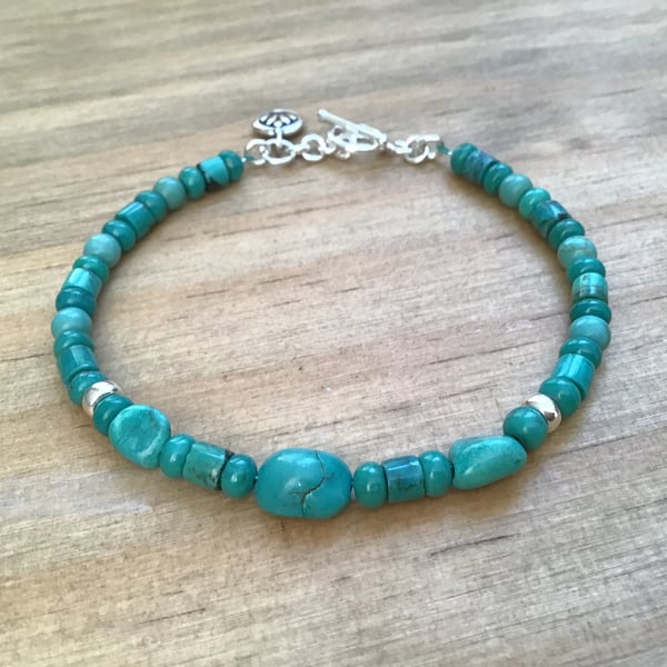 Turquoise nugget and bead Sterling silver charm dainty bracelet 
