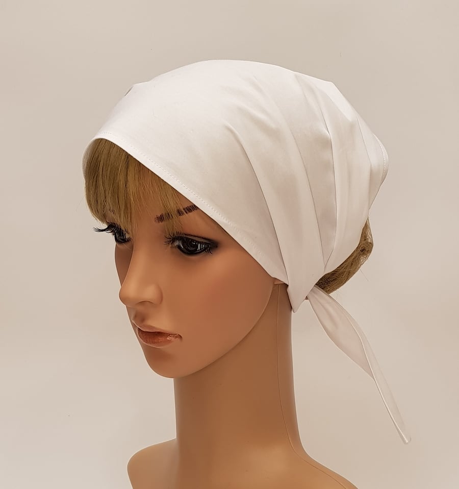 White head scarf, cotton hair cover, wide self tie hair scarf, bandanna