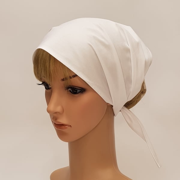 White head scarf, cotton hair cover, wide self tie hair scarf, bandanna